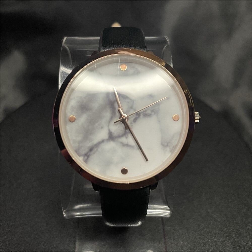 Accutime Women’s Analog Marble Dial Rose Gold Stainless Case Watch Leather Strap